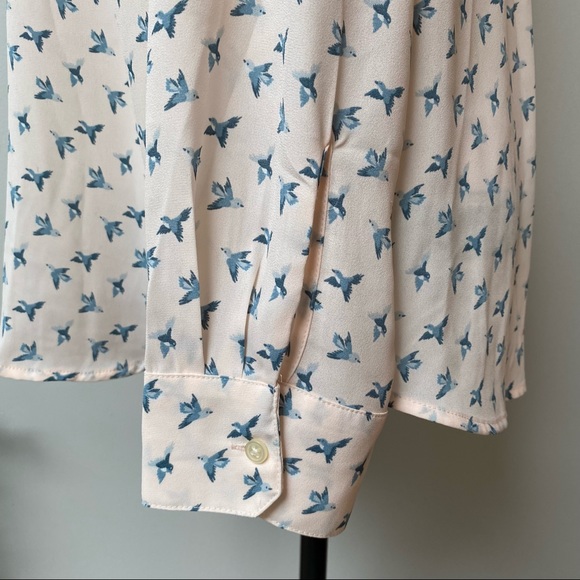 LOFT Bird Print Button Front Ruffle Neck Blouse Light Pink Blue - Picture 7 of 12
